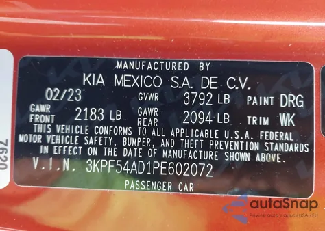 2023 Kia Forte Gt-Line z USA, uszkodzony, nr VIN 3KPF54AD1PE602072